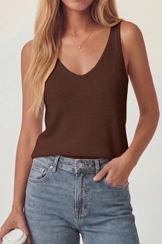 PRETTYGARDEN Women Summer Tank Tops 2026 Basic Sleeveless V Neck Lightweight Knit Beach Vacation Clothes Going Out Top(Brown,Small) - Thumbnail 5