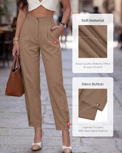 BTFBM Women's Pants Spring Fall 2026 Casual Loose Pleated Trousers Tapered Slacks Pockets Dressy Business Work Outfits(Khaki, Small) - Thumbnail 4