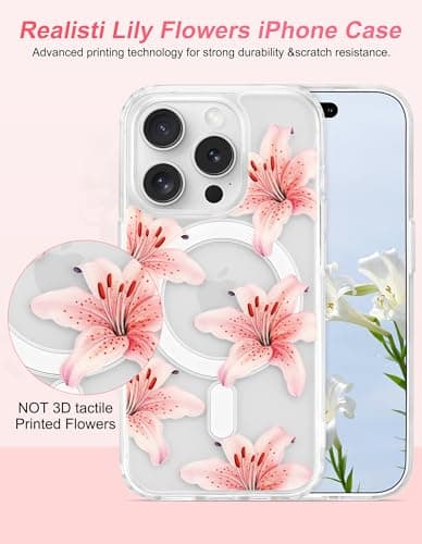 Aitipy Lily Phone Case for iPhone 14 Pro Max, Compatible with MagSafe, Cute Clear TPU Slim Shockproof Protective Phone Cover for Women Girls, Pink Lily - Thumbnail 2