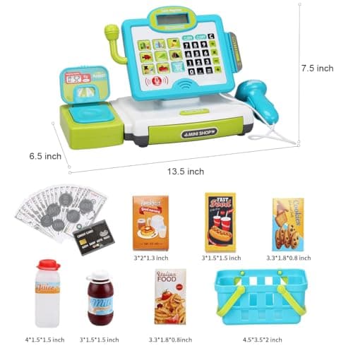 FS Pretend Play Calculator Cash Register Toy as Preschool Gift for Kids, Classic Count Toy with Sound, Microphone, Scanner, Pretend Credit Card, Play Food for Boys & Girls,45 Pieces, Ages 3 4 5 6 7 - Thumbnail 5
