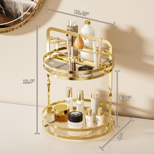 360° Rotating Makeup Organizer, 2-Tier Gold Perfume Organizer for Dresser, Bathroom Organizers Countertop, Perfume Shelf with Makeup Brush Holder, Skincare Holder Cosmetic Display(Gold) - Thumbnail 5