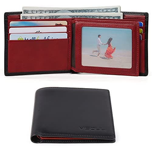 VISOUL Mens Bifold Wallet with 2 ID Windows and 2 Money Compartments, Genuine Leather Designer Wallet with RFID Blocking for Men Two Tone (Black and Burgundy) - Thumbnail 2