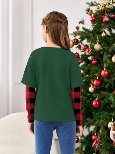 Christmas Shirts for Kids Girls Boys Christmas Tree Graphic Tee Xmas Long Sleeve Stripe Plaid Tops - Thumbnail 4
