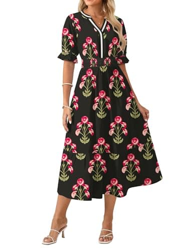 GRACE KARIN Womens Summer Floral Maxi Dress 2026 Casual Ruffle Short Sleeve Boho Dress A Line Flowy Dresses with Pockets Black Red Flower S - Image 1