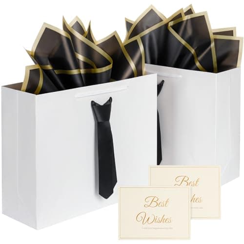 2 Pcs white Gift Bags with Handles and Pre-Tied Blue Tie, 4 tissue paper and 2Greeting Cards,Fathers Day Gift Bag, birthday gift bags for men boy, Teacher Appreciation gift bags,Graduation Party Wedding gift bags (Medium white/black) - Image 1