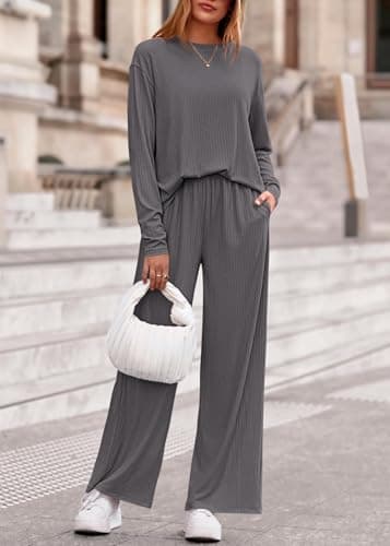 KIRUNDO Spring 2 Piece Lounge Sets for Women Long Sleeve Ribbed Knit Tops Wide Leg Pants Matching Travel Outfits Postpartum(Dark Grey, X-Large) - Thumbnail 3