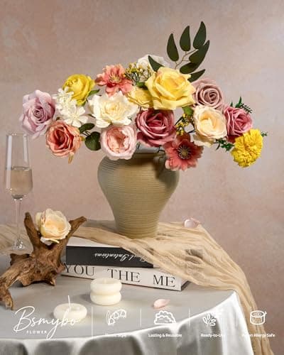 BSMYBO Artificial Flowers Combo Pink Yellow Silk Flowers Mix Fake Rose Peony Chrysanthemum with Stem for Wedding Bridal Bouquets Baby Shower Cake Floral Arrangement Table Centerpieces Home Decor - Thumbnail 5
