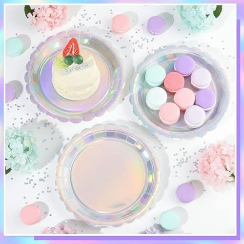NatNarr 30 Pcs Iridescent Paper Plates Disposable 7 Inch Scalloped Holographic Plates Sliver Cake Dessert Plate for Birthday, Mermaid, Disco - Thumbnail 5