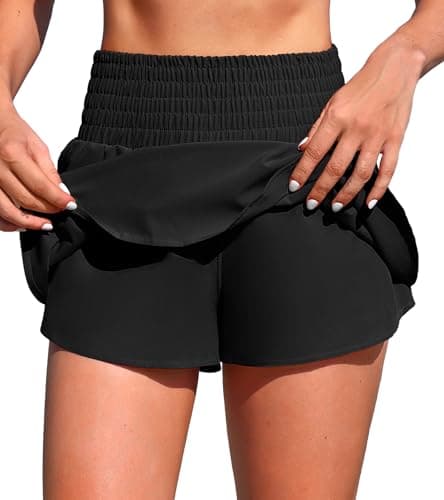 ANFILIA Womens Swim Bottoms High Waisted Swim Shorts Quick Dry UPF 50+ Swimsuit Bottoms with Pocket Liner Black - Thumbnail 4