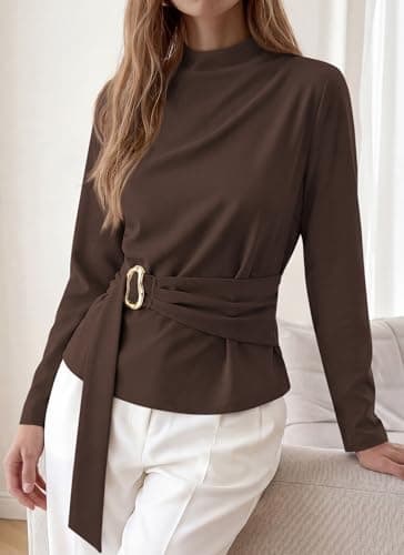 PRETTYGARDEN Women Blouses 2026 Fall Dressy Mock Neck Long Sleeve Work Shirts Buckle Belted Tunic Business Casual Tops(Brown,Small) - Thumbnail 5