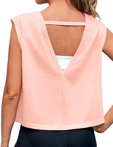Quenteen Women Cropped Open Back Sleeveless Tank Tops Casual Yoga Y2k Athletic Gym Loose Fit Shirts Light Pink S - Image 1
