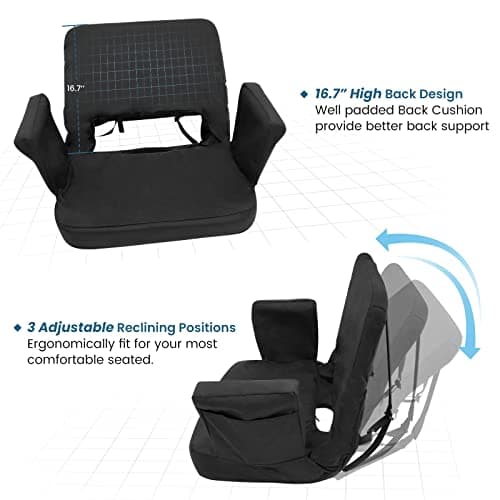 TOPSKY Stadium Seat for Bleachers with Back Support, 3-Position Reclining Stadium Chair with Armrests, Thick Padded Cushion, Foldable Bleacher Seat with Hooks(Black) - Thumbnail 5