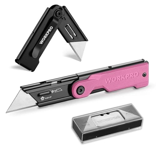 WORKPRO Folding Utility Knife with 10 Extra SK5 Blades, EDC Razor Sharp Knife with G10 Handle, Quick Change Box Cutter with Belt Clip, for Heavy Duty, DIY, Home, Office & Artcraft Use - Pink - Image 1