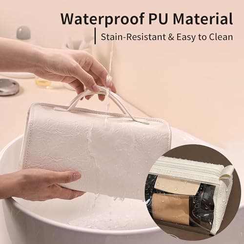 YAKUNCL 4-IN-1 Detachable Cosmetic Bag, Foldable Waterproof PU Leather Makeup Bag, Portable Travel Toiletry Organizer Bag for Women Daily & Travel Use (Almond White) - Thumbnail 6
