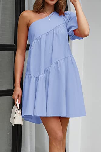 KIRUNDO Summer One Shoulder Mini Baby Doll Dresses Women 2026 Casual Puff Sleeve Loose Tiered A Line Flowy Short Dress(Blue, X-Large) - Thumbnail 2