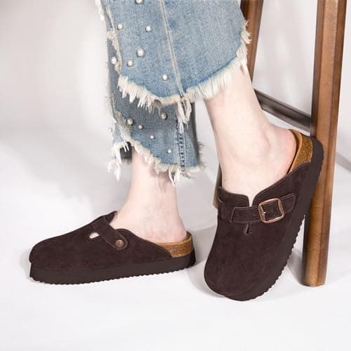 Brelzo Calvior Platform Clogs for Women Arch Support Suede Clogs Soft Mules Potato Shoes Casual Slipper Sandals with Adjustable Buckle, Non-Slip, Dark Brown - Thumbnail 2