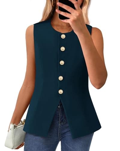BTFBM Summer Sleeveless Blazer Vest For Women Dressy Button Down Round Neck Business Casual Outfits Work Suit Vests Tops(Dark Blue, Small) - Image 1