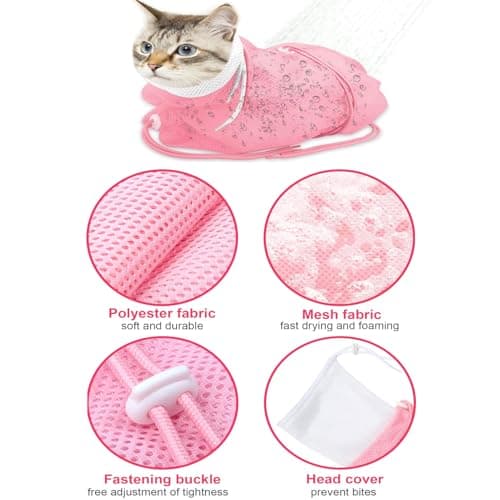 MINOCHI Cat Bathing Bag for Grooming, Pet Wash Bag with Adjustable Neck & Zipper, Anti Scratch Cat Shower Bag with Mesh Breathable, Portable Pet Restraint Bag for Bathing, Ear Cleaning (Pink) - Thumbnail 3