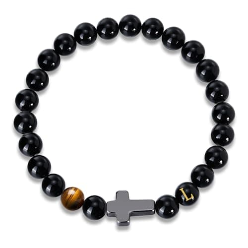Mens Cross Bead Bracelet with Initials, Christian Rosary Obsidian A-Z Letter Black Onyx Tigers Eye Beaded Bracelet, Faith Religious Easter Catholic Communion Baptism Christmas Jewelry Gift for Men - Image 1