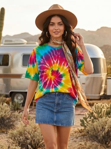 QIXYN Oversized 70s Outfits Tie Dye Shirt Women Vintage Hippie Clothes for Women Peace Love Crew Neck Casual Summer Tops - Thumbnail 4