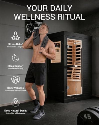 Mikolo 1 Person Far Infrared Sauna for Home | Ultra-Low EMF Indoor Dry Sauna | Solid Canadian Hemlock with 5 Carbon Heaters | Chromotherapy Light Therapy & Bluetooth for Wellness and Relaxation(Black) - Thumbnail 2