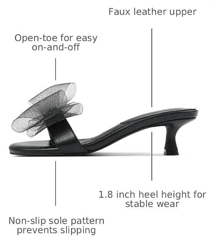 Tarkwa Kitten Heels for Women Open Round Toe Low Heels Sexy Vintage Mules with Bow Slip On Backless Heeled Sandals, Fashion Dress Shoes for Daily, Weeding, Party, Casual Black 7.5 - Thumbnail 3