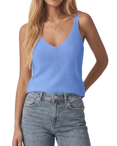 KIRUNDO V Neck Ribbed Knit Tank Tops for Women Sleeveless Sweater Vest Basic Camisole 2026 Summer Clothes Spring Outfits(Light Blue, Medium) - Image 1