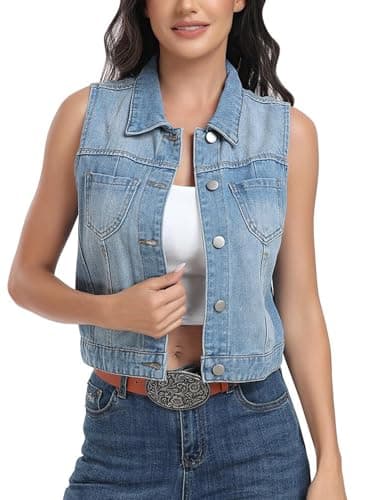 J.Corrine Women’s Denim Vest Sleeveless Classic Cropped Distressed Spread Collar Button Jean Vest Jackets With Pockets-Light Blue L - Image 1