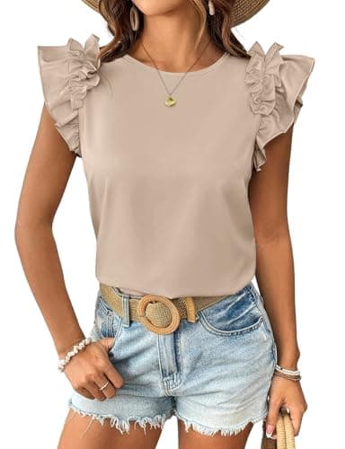Summer Tops for Women 2026 Trendy Ruffle Short Sleeve Tops Casual Cute Loose Fit T-Shirts Crew Neck Fashion Dressy Blouses Tee Tops Khaki M - Image 1