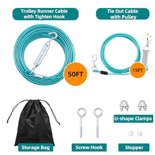 LUFFWELL 50FT Dog Runner for Yard with 15FT Tie Out Cable - Heavy Duty Trolley System for Large Dogs Up to 250LBS, Backyard/Park/Camping Use (Ice Blue, 50FT+15FT) - Thumbnail 2
