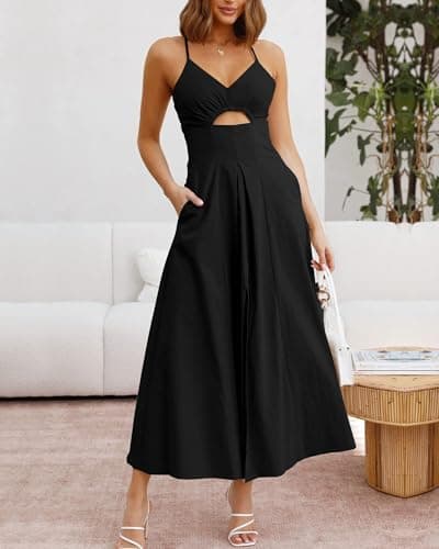 BTFBM Women 2026 Spaghetti Strap Midi Summer Dresses Sleeveless V Neck Cutout Slit Casual Beach Party Maxi Dress Pockets(Black, Large) - Thumbnail 2