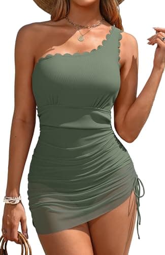 Charmo One Piece Swim Suits for Women 2026 Mesh Sarong Swimdress Modest Bathing Suits Full Coverage Monokini Army Green M - Image 1