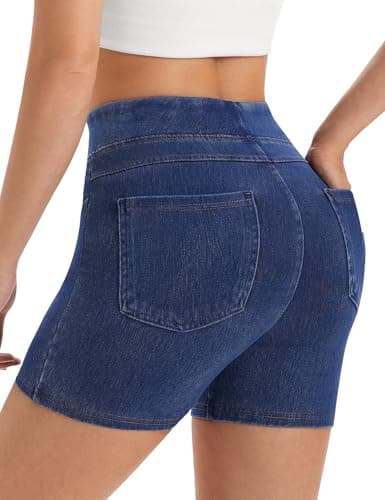 AVAMO Stretchy Jean Shorts for Women Pull On High Waisted Denim Shorts Elastic Waist Tummy Control Jorts with Pockets - Image 1