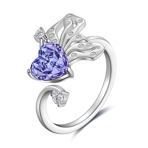 Butterfly Heart Birthstone Ring - 925 Sterling Silver Rose Cut Cubic Zirconia Adjustable Butterfly Ring Anniversary Engagement Promise Ring Birthday Jewelry Gift for Women Wife Mom Daughter (12-December) - Image 1