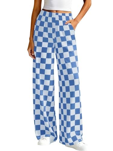 BTFBM Womens Checkered Palazzo Pants Wide Leg High Waisted Pockets Gingham Casual Lounge Pajama Trousers Summer Outfits(Plaid Blue,XX-Large) - Image 1