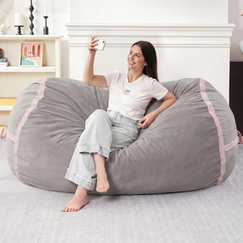 HABUTWAY 5ft Bean Bag Chair Giant Bean Bag Chairs for Adults with Memory Foam Filled, Large Beanbag Chair with Removable Dutch Velvet Cover for Living Room, Bedroom, Dorm, Light Grey & Pink - Thumbnail 3