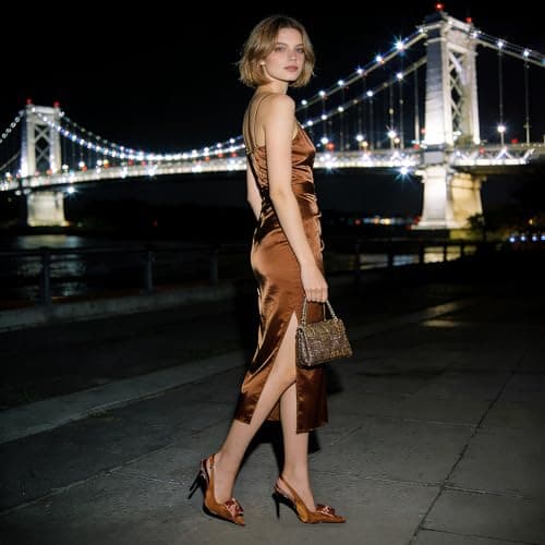 Atsroel Satin Slingback Pumps Women Floral Pointed Toe Brown Stiletto Heels - Thumbnail 4