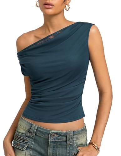 Kate Kasin Womens Off The Shoulder Tops, Summer Cowl Neck Slim Fit Top, Y2K Going Out Shirts Outfits 2026 Grey Blue - Image 1