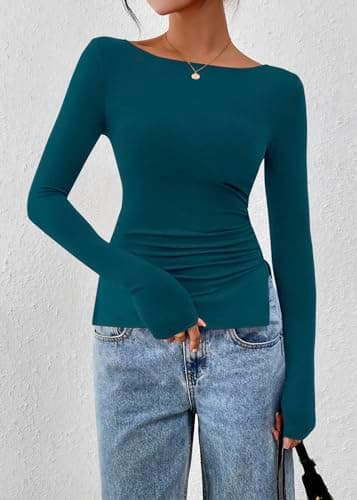 KIRUNDO Long Sleeve Going Out Tops for Women 2026 Spring Casual Boat Neck Workout Shirts Fall Fitted Side Slit Basic Tees(Lake Blue, X-Large) - Thumbnail 4