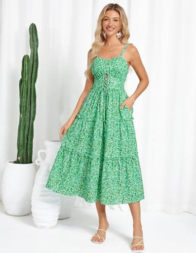 GRACE KARIN 2026 Women's Spaghetti Vacation Sundress Summer Beach Flowy Boho Floral Maxi Dresses with Pockets Green Blue Floral XL - Thumbnail 2