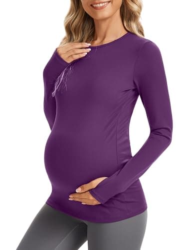 MathCat Maternity Long Sleeve Shirt with Thumbleholes,Pregnancy Casual Tops Athletic Yoga Maternity Shirts Purple - Thumbnail 2