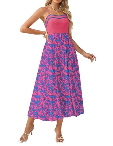 Casual Summer Dress for Women 2026 Color Block Floral Spaghetti Strap Maxi Dress Pink Blue Floral XL - Image 1