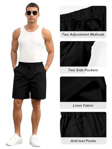 RQP Mens Cotton Linen Short Drawstring Button Stretch Vacation Shorts,Black - Thumbnail 4