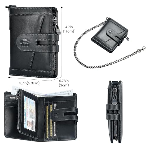 Genuine Leather Chain Wallets for Men: RFID Blocking Mens Wallet with Chain Purse Bifold Zipper Coin Pocket with Anti-Theft Chain, Gift for Father Husband At Birthday - Thumbnail 4