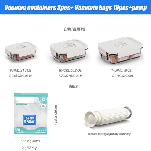 CABIBOX Vacuum Sealer & Food Storage Container for Food, Vacuum Sealer for Food + 3 Glass Vacuum Containers |Rectangle [21 Oz/35 Oz/50 Oz]+ 10 Reusable Food Saver Sealer Bags,For Freezer, Meal Prep - Thumbnail 2