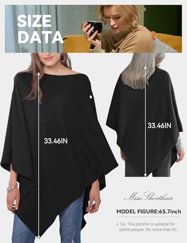 MissShorthair Versatile Women's Shawl Wrap – Soft Knitted Poncho Cape Scarf for Fall Winter black poncho sweater - Thumbnail 5
