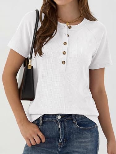 ANRABESS Women Waffle Knit Tops Short Sleeve Henley Shirts Dressy Casual Blouse 2026 Spring Fashion Outfits Trendy Clothes White Mediun - Thumbnail 3