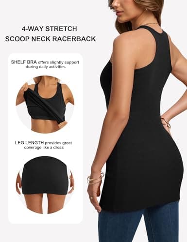 Missclub 3 Pack Womens Tank with Shelf Bra Racerback Ribbed Scoop Neck Long Shelf Bra Black Tunic Tank Tops L - Thumbnail 4