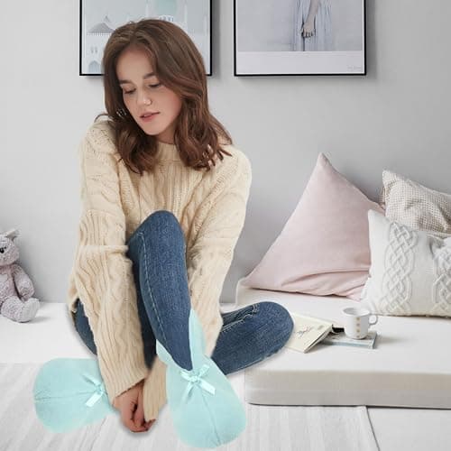 Slipper Boots, Forfoot Womens Winter Booties Slippers Coral Fleece Cozy Slip On Floor House Indoor Shoes Light Blue Non Slip Boot Slippers Size 7-8 - Thumbnail 2