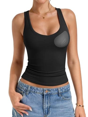 PINKMSTYLE Womens Padded Tank Tops Built in Bra Double Lined Scoop Neck Shirts Basic Slim Fitted Summer Going Out Top Black - Image 1